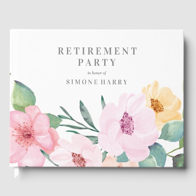 Elegant Pink Floral Retirement Party Guest Book (Front)