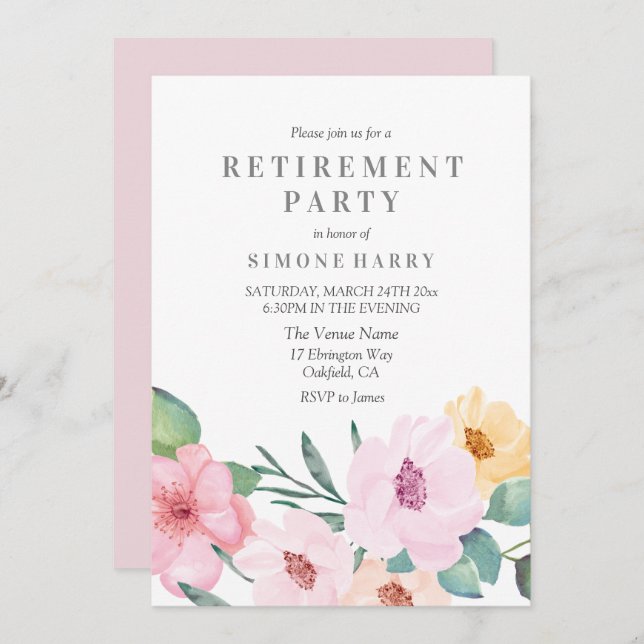 Elegant Pink Floral Retirement Party Invitation (Front/Back)