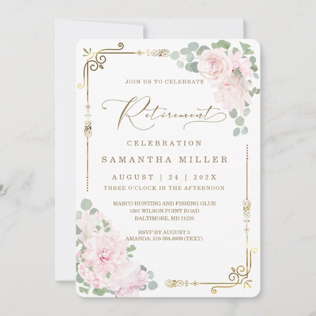 Elegant Pink Floral Retirement Party Invitation (Front)