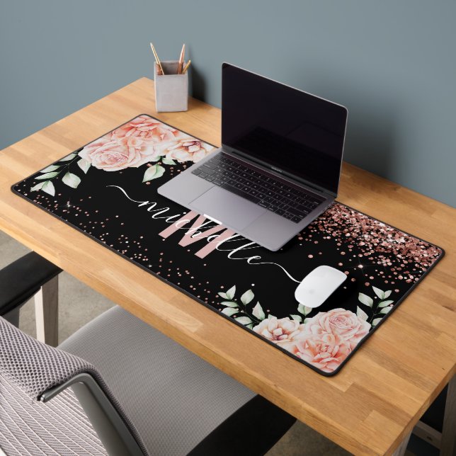 Elegant Pink Floral Rose Gold Glitter Monogram Desk Mat (Office 2)