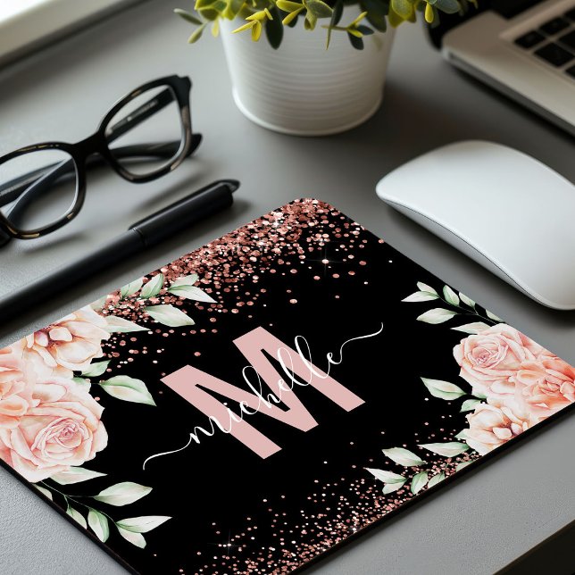 Elegant Pink Floral Rose Gold Glitter Monogram Mouse Pad (Creator Uploaded)