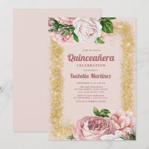 Elegant Pink Floral Roses Gold Glitter Quinceañera Invitation