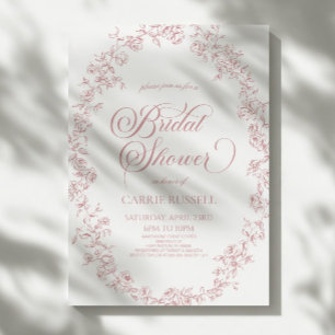 Elegant Pink Floral Roses Line Art Bridal Shower Invitation