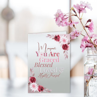 Elegant Pink Floral Script Graced Blessed Loved Note Card