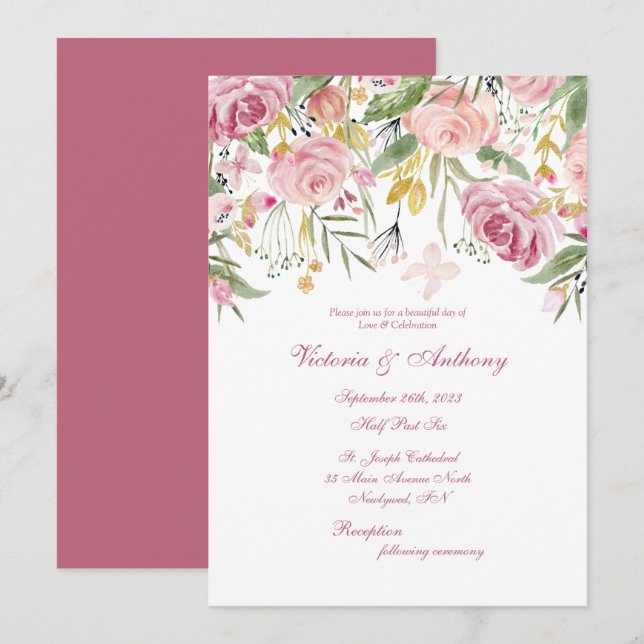 Elegant Pink Floral Script Wedding Invitation (Front/Back)
