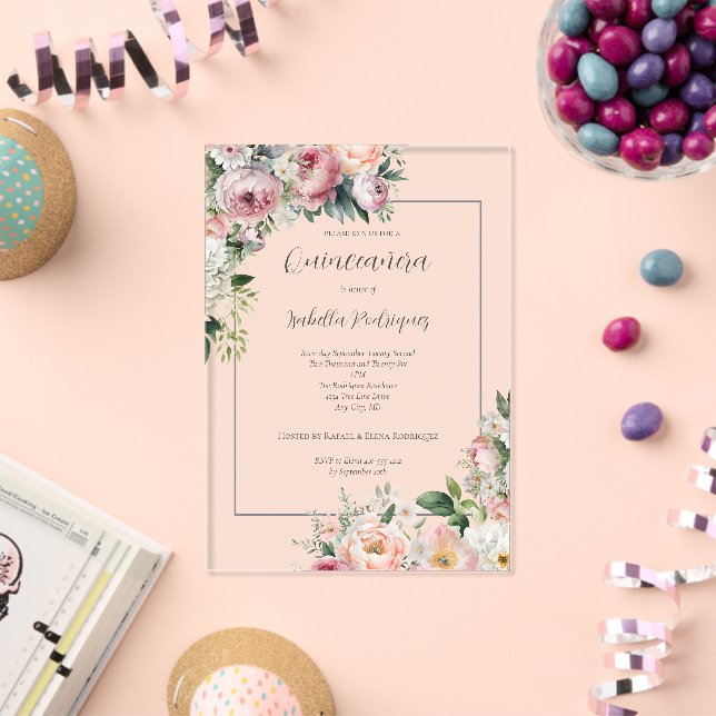 Elegant Pink Floral Silver Border Quinceañera Acrylic Invitations (Insitu (Celebration))