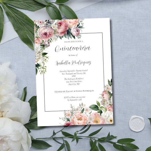 Elegant Pink Floral Silver Border Quinceañera Invitation (Elegant Pink Peach Floral Silver Gray Border Quinceanera Invitation.)