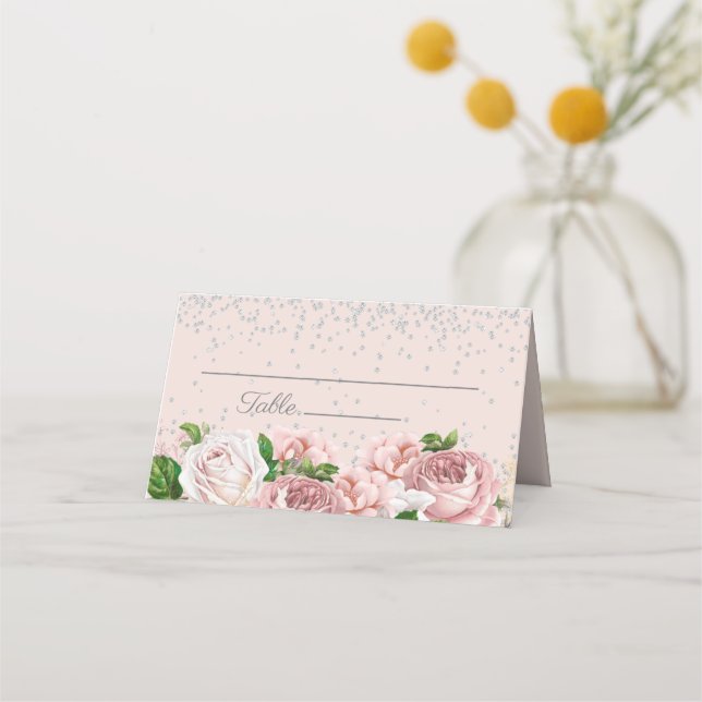 Elegant Pink Floral Silver Glitter  Place Card (Front)