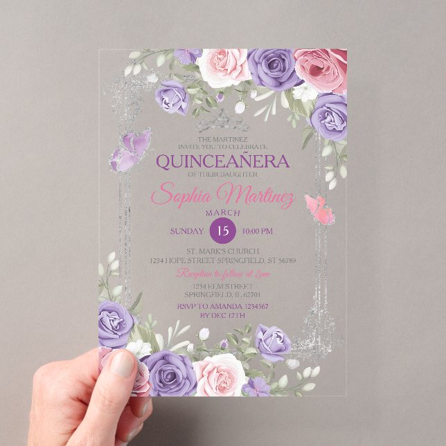 Elegant Pink Floral Silver Purple Girl Quinceañera Acrylic Invitations (Insitu (Handheld))