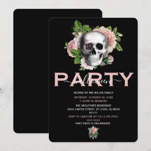 Elegant Pink Floral Skull Adult Halloween Party Invitation