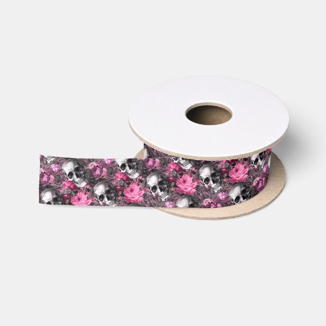 Elegant Pink Floral Skull Satin Ribbon (Spool)