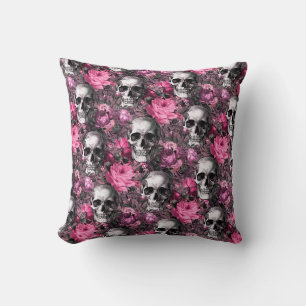 Elegant Pink Floral Skull Throw Pillow