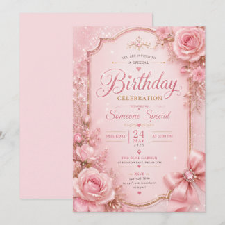 Elegant Pink Floral Sparkle Birthday Invitation