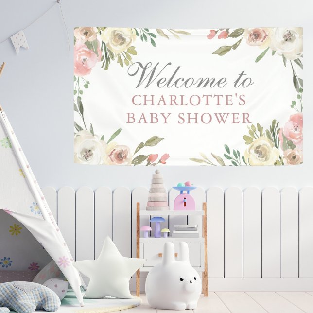 Elegant Pink Floral Spring Baby Shower Welcome Banner (Creator Uploaded)