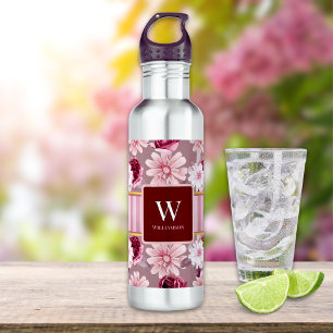 Elegant Pink Floral Stripe Monogram Personalize 710 Ml Water Bottle