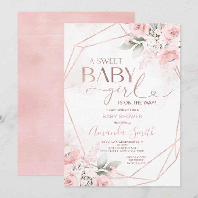 Elegant Pink Floral Sweet Baby Girl Baby Shower Invitation (Front/Back)