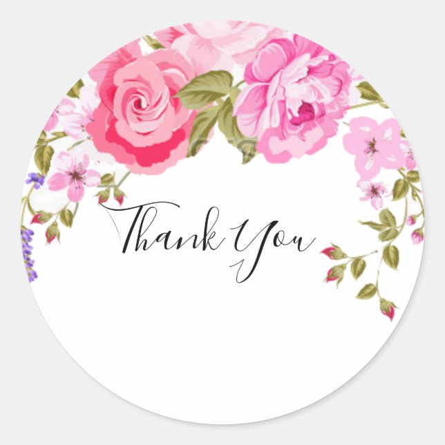 Elegant Pink Floral Thank You  Classic Round Sticker (Front)