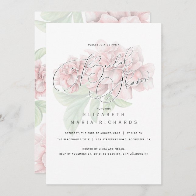 Elegant Pink Floral Typography Bridal Shower Invitation (Front/Back)