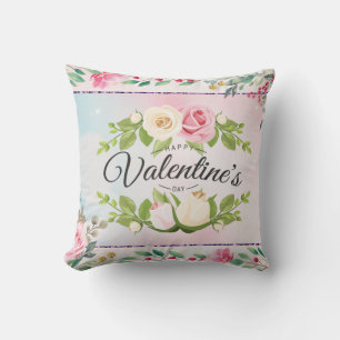 Elegant Pink Floral Valentine's Day Postcard Throw Pillow