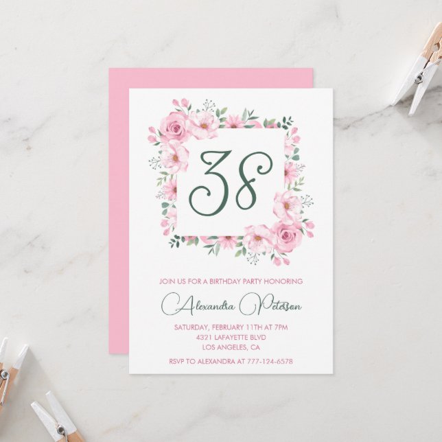 Elegant Pink Floral Watercolor 38th birthday  Invitation (Front/Back In Situ)