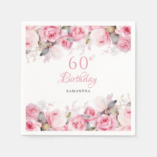 Elegant Pink Floral Watercolor 60th Birthday Napkin