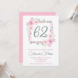 Elegant Pink Floral Watercolor 62nd birthday  Invitation