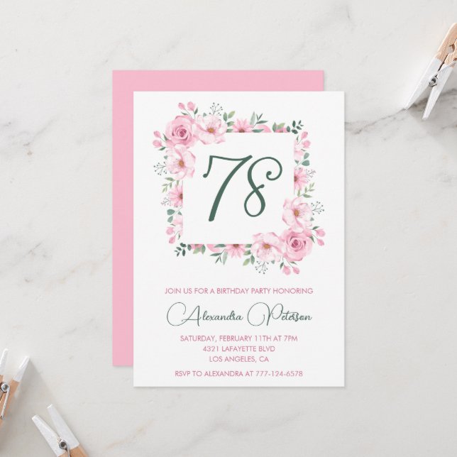 Elegant Pink Floral Watercolor 78th birthday  Invitation (Front/Back In Situ)