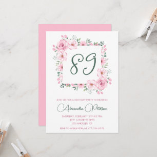 Elegant Pink Floral Watercolor 89th birthday  Invitation