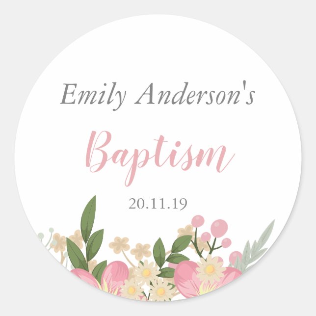 Elegant Pink Floral Watercolor Baptism Sticker (Front)
