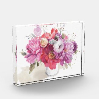 Elegant Pink Floral Watercolor Bouquet Photo Block