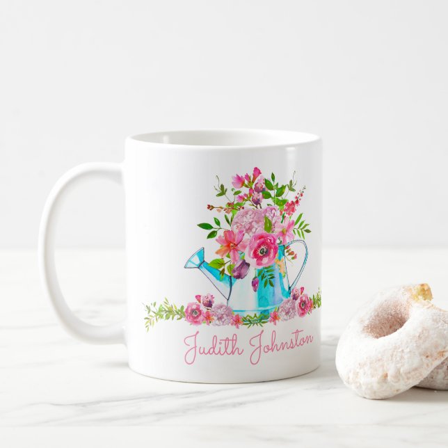 Elegant Pink Floral Watercolor Custom Name Coffee Mug (With Donut)