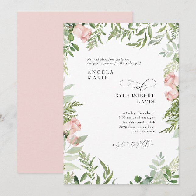 Elegant Pink Floral Watercolor Eucalyptus Parents Invitation (Front/Back)