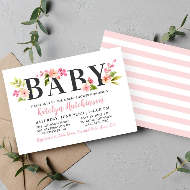 Elegant Pink Floral Watercolor Girl Baby Shower Invitation (Creator Uploaded)