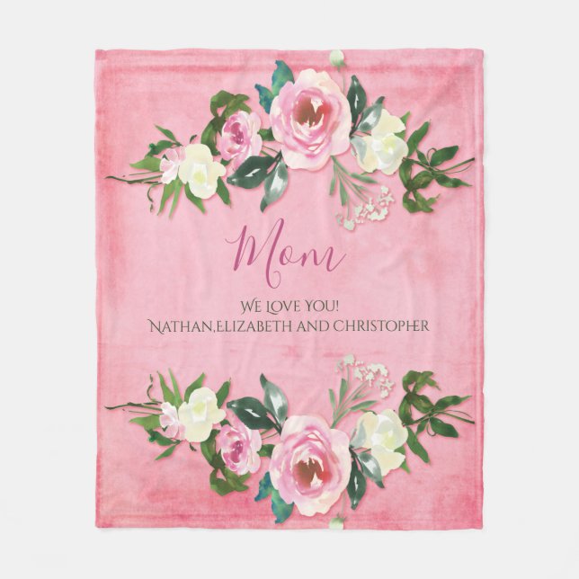 Elegant Pink Floral Watercolor Mother Mom Fleece Blanket (Front)