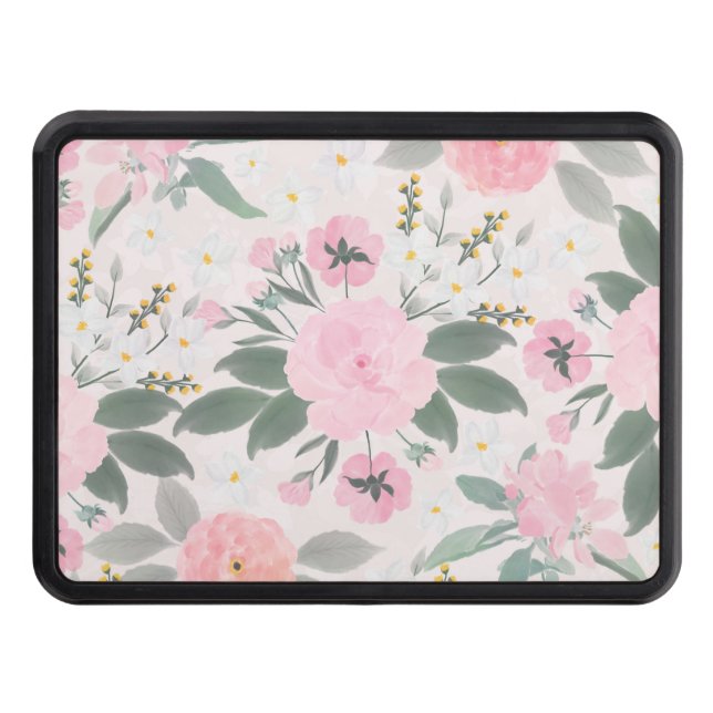 Elegant Pink Floral Watercolor Painting Trailer Hitch Cover (Front)