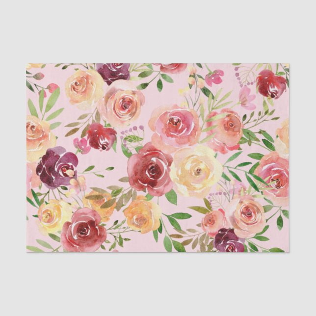 Elegant Pink Floral Watercolor Peony Flower Tissue Paper (Front)