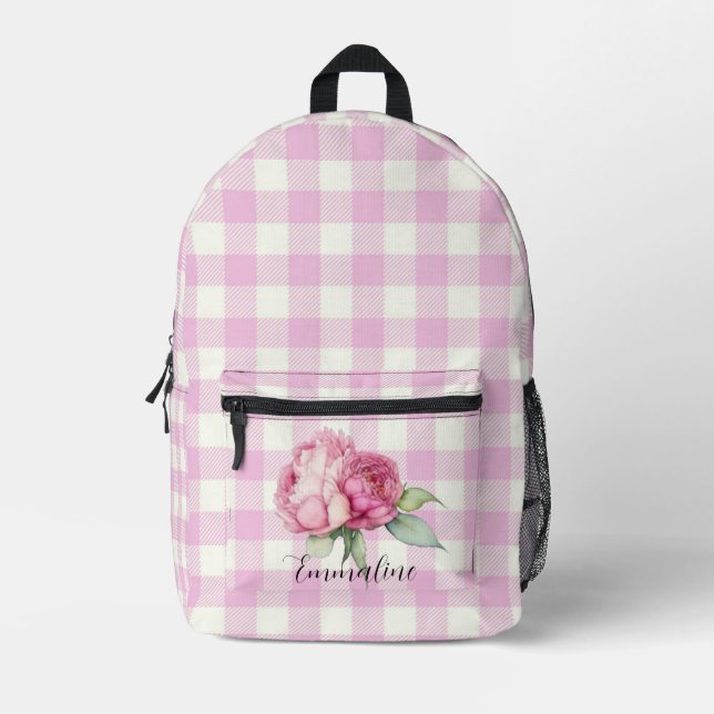 Elegant pink floral watercolor peony personalize  printed backpack (Front)