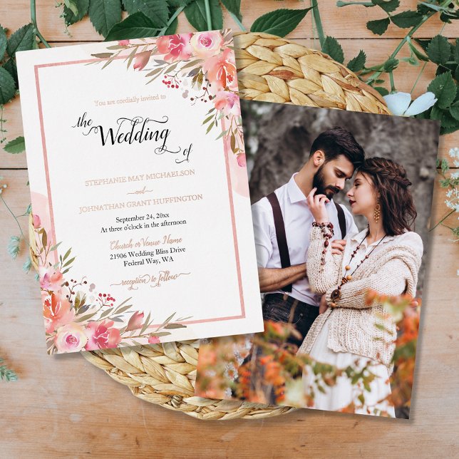 Elegant Pink Floral Watercolor Photo Wedding (Elegant Pink Floral Watercolor Photo Wedding Foil Invitation)
