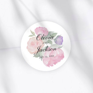 Elegant Pink Floral Watercolor Wedding Classic Round Sticker