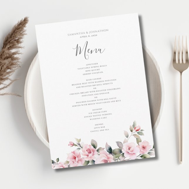 Elegant Pink Floral Watercolor Wedding  Menu (Creator Uploaded)