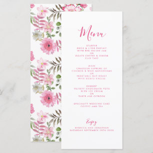 Elegant Pink Floral Watercolor Wedding Menu Card
