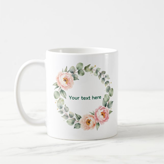 Elegant Pink Floral Watercolor Wreath Personalized Coffee Mug (Left)