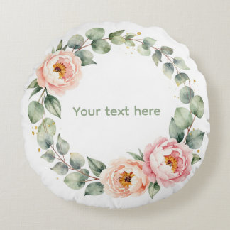 Elegant Pink Floral Watercolor Wreath Personalized Round Pillow