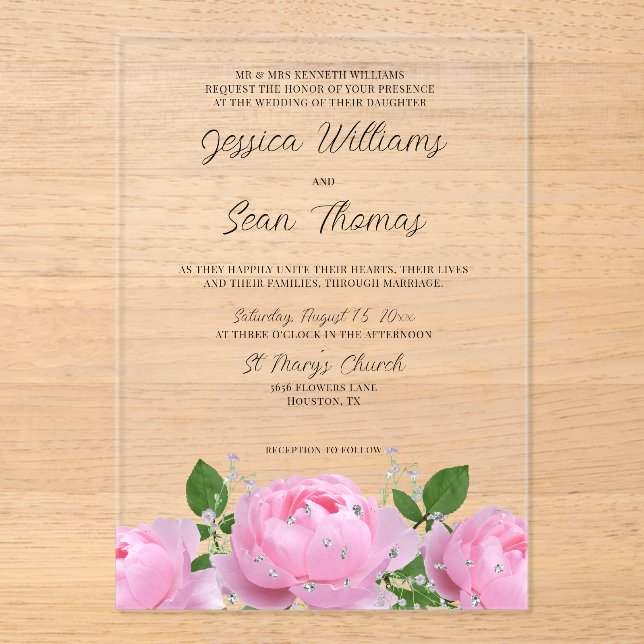 Elegant Pink Floral Wedding Acrylic Invitations (Front)