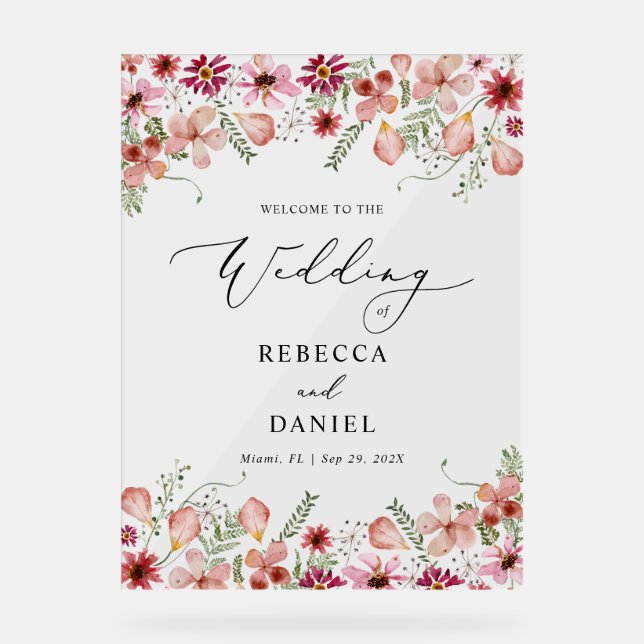 Elegant Pink Floral Wedding Acrylic Welcome Sign (Front)