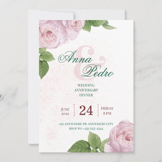 Elegant Pink Floral Wedding Anniversary  Invitation (Front)