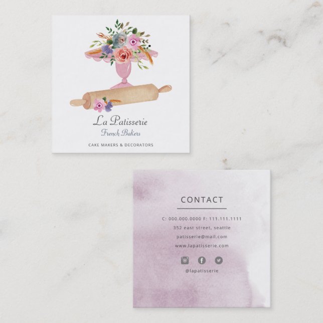 Elegant Pink Floral Wedding Cake Makers Bakery Square Business Card (Front/Back)
