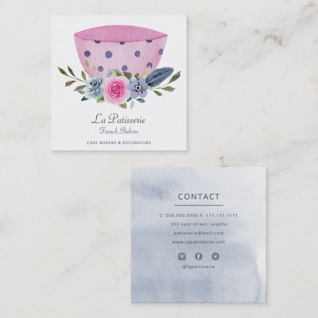 Elegant Pink Floral Wedding Cake Makers Bakery Square Business Card (Front/Back)