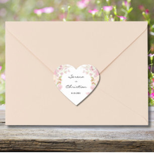 Elegant Pink Floral Wedding Heart Sticker