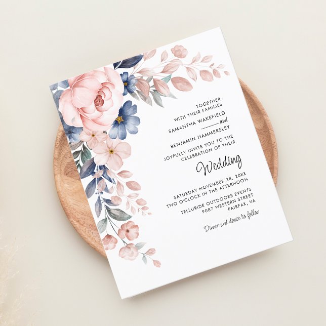 Elegant Pink Floral Wedding Invitation (Blush Pink Floral Script Elegant Wedding Budget Invitation)